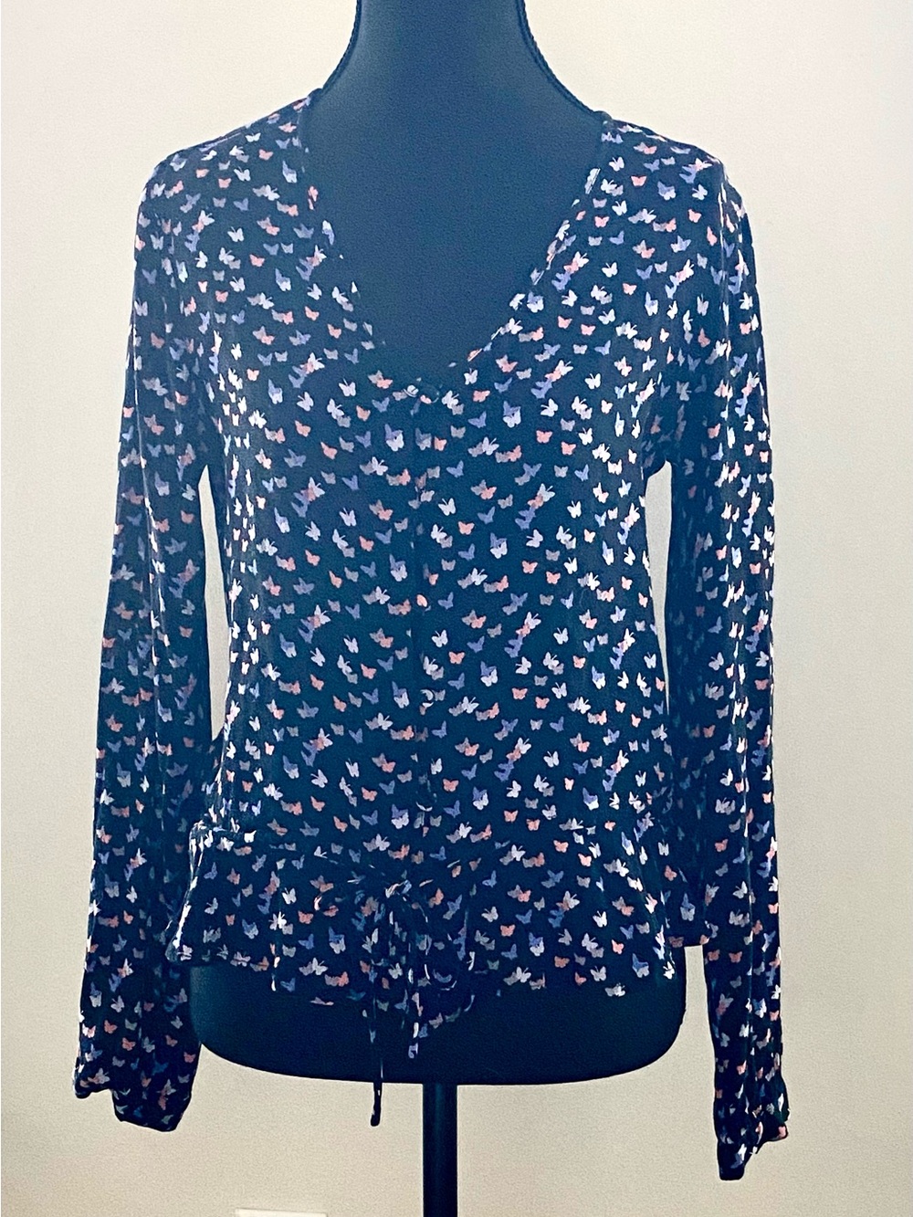 Rails Black Long Sleeve Button Down Blouse Butterfly Print Rayon Small